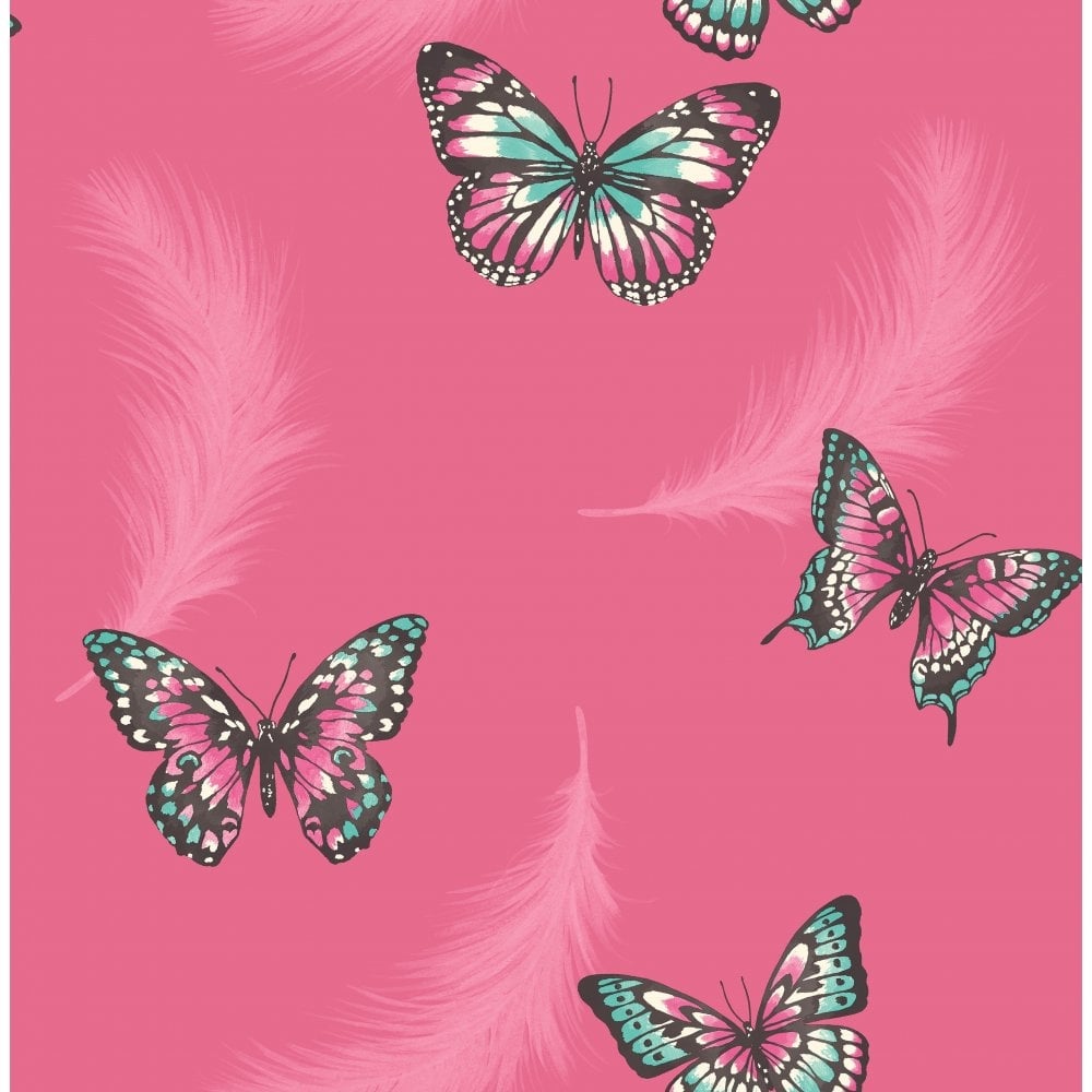 Fine Decor Butterflies Feather Wallpaper Pink Love