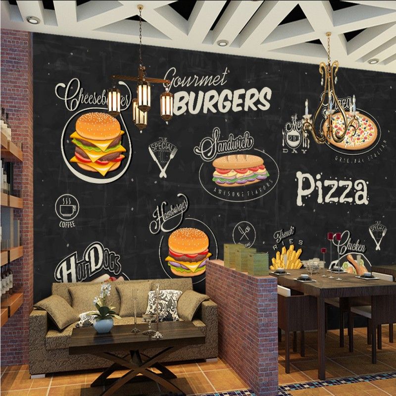 Hand Painted Hamburger Pizza Shop Background Painting Living Room