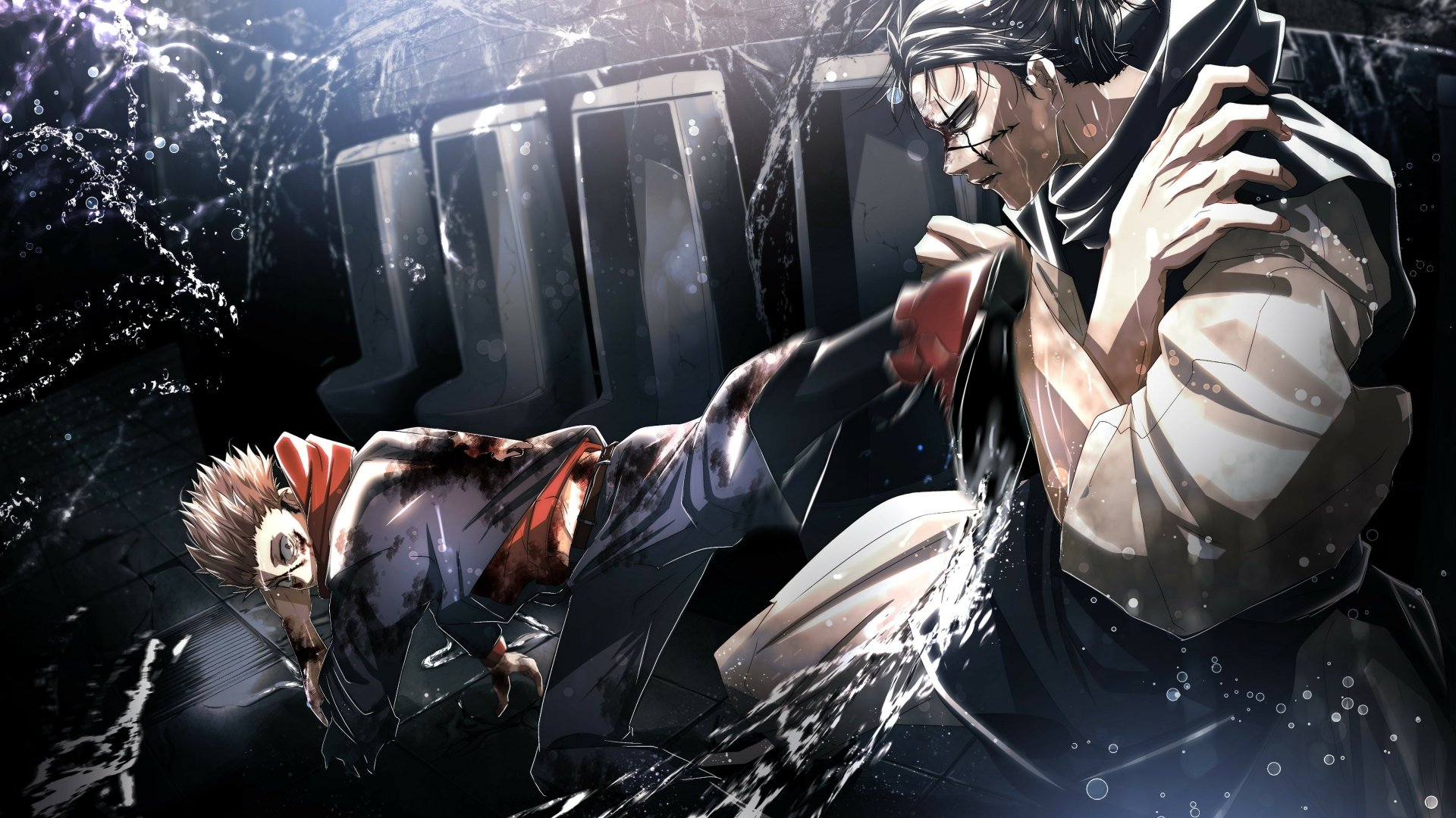Yuji Itadori being kicked by an antagonist in Jujutsu Kaisen