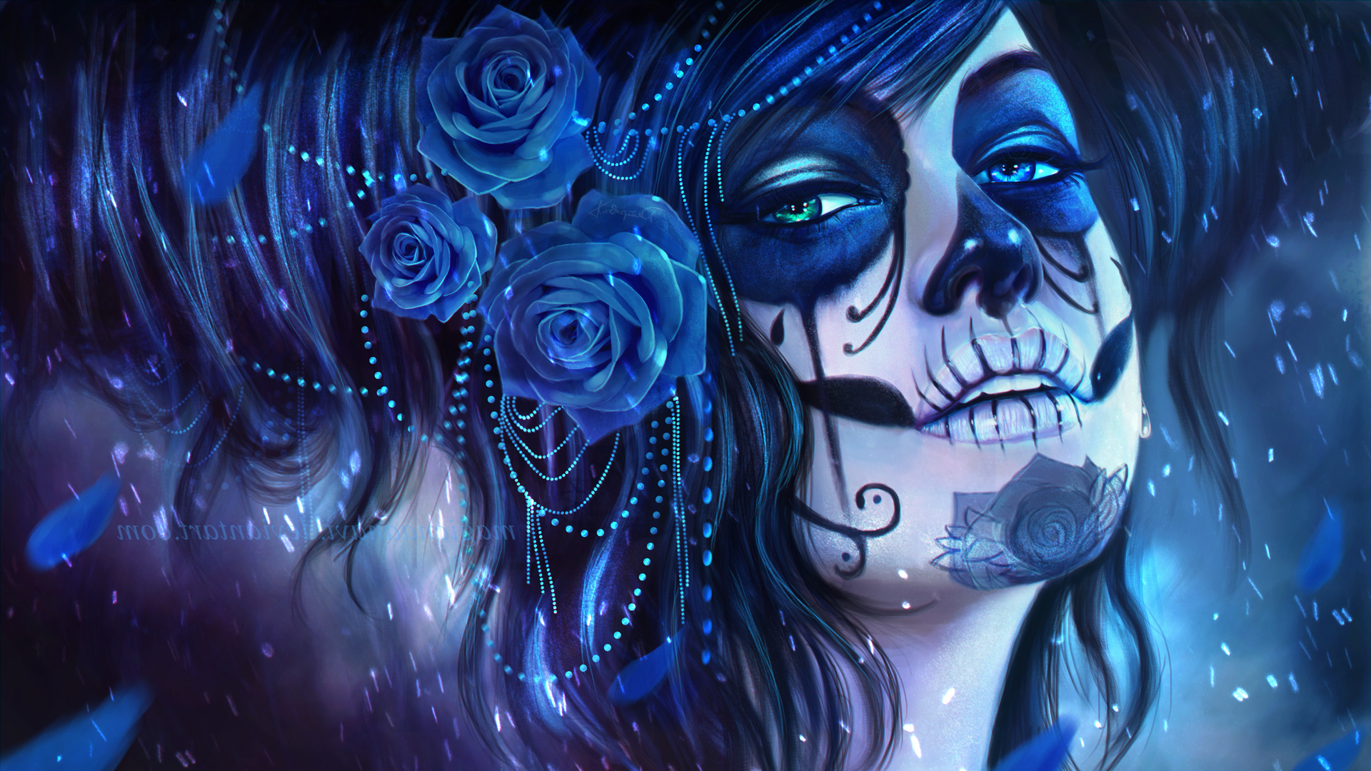 Sugar Skull Magicnaanavi Rose Artwork Blue Flowers Wallpaper