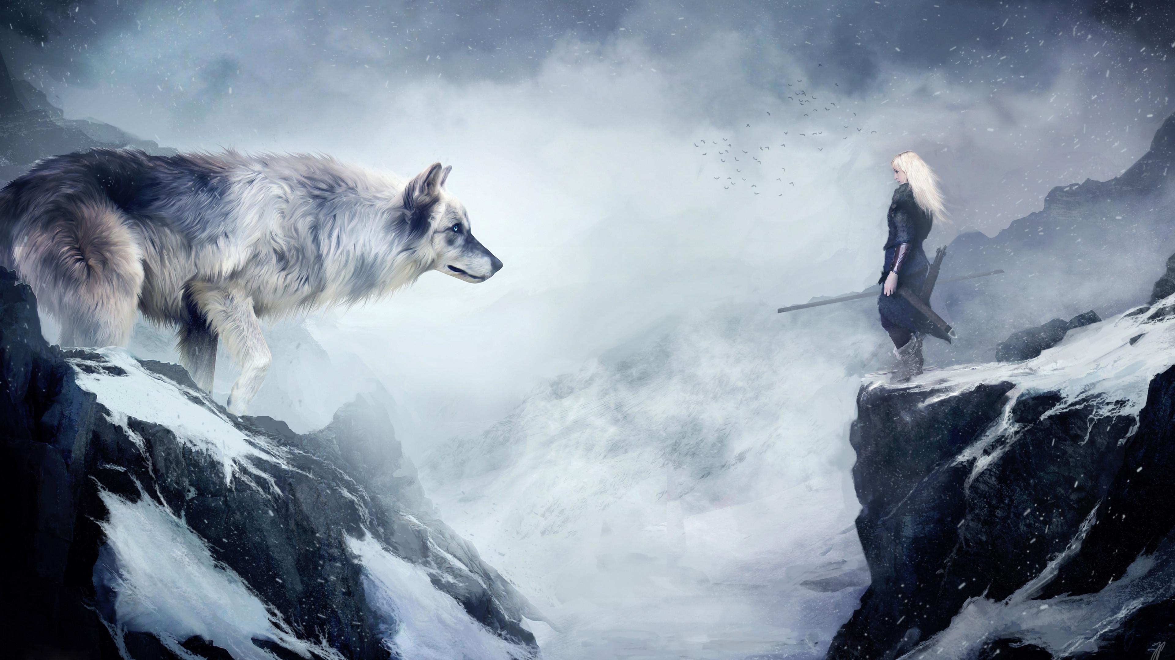 Wallpaper Wolf 4k HD Mountain Girl Animals Winter