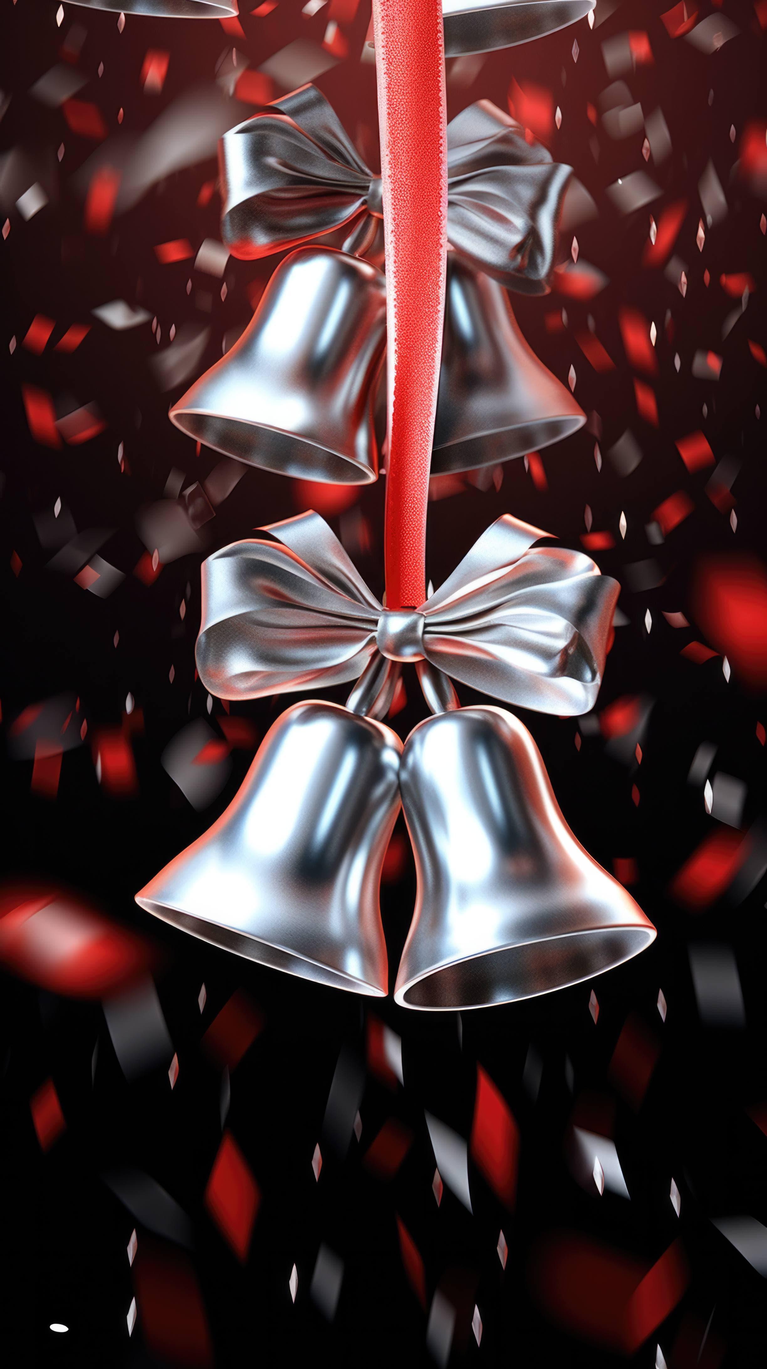 A Mobile Wallpaper Of Silver Bells With Red Ribbon