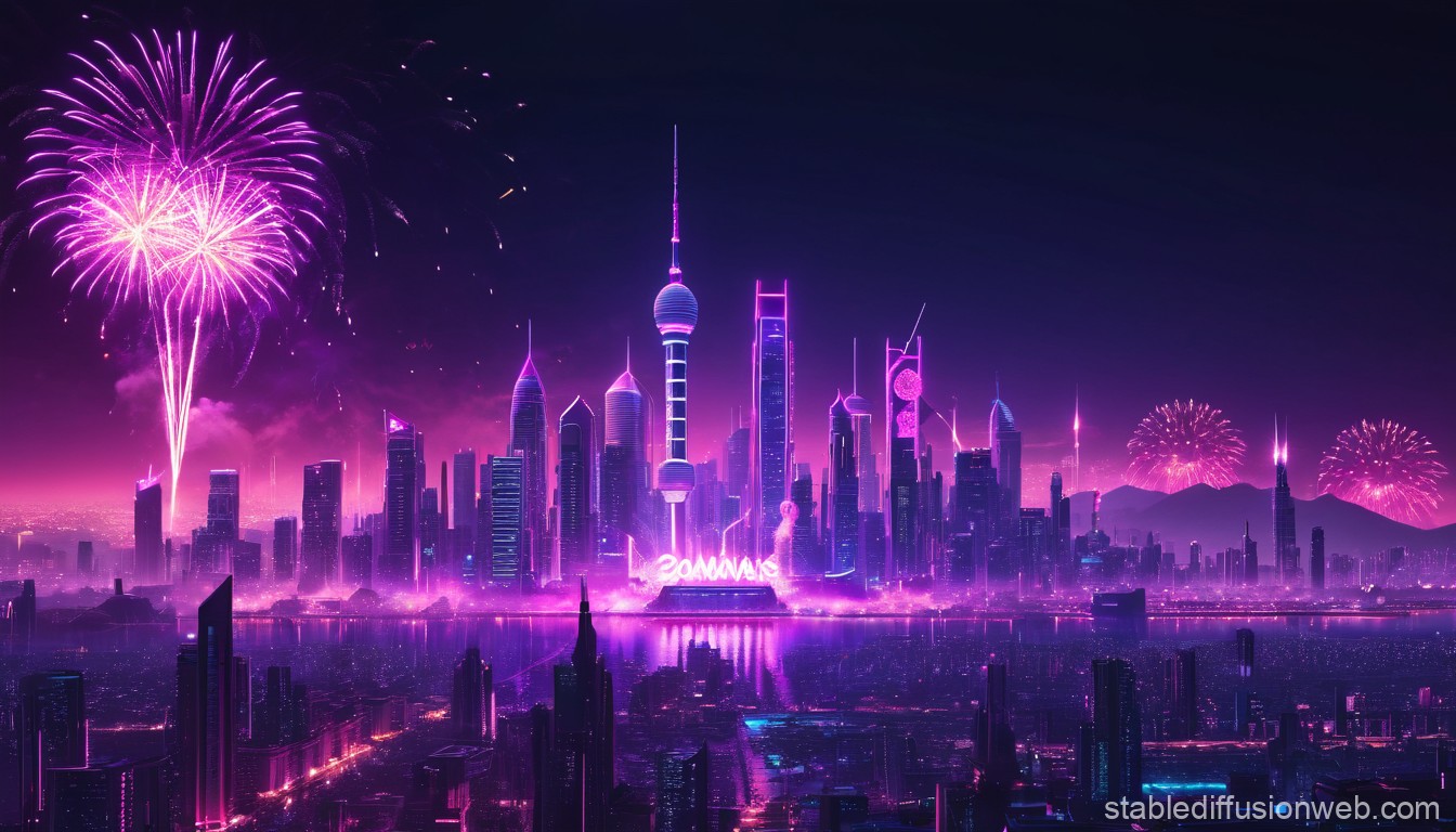 A futuristic cityscape at night, illuminated in vibrant purple and pink neon lights, with fireworks exploding in the sky, celebrating New Year 2025