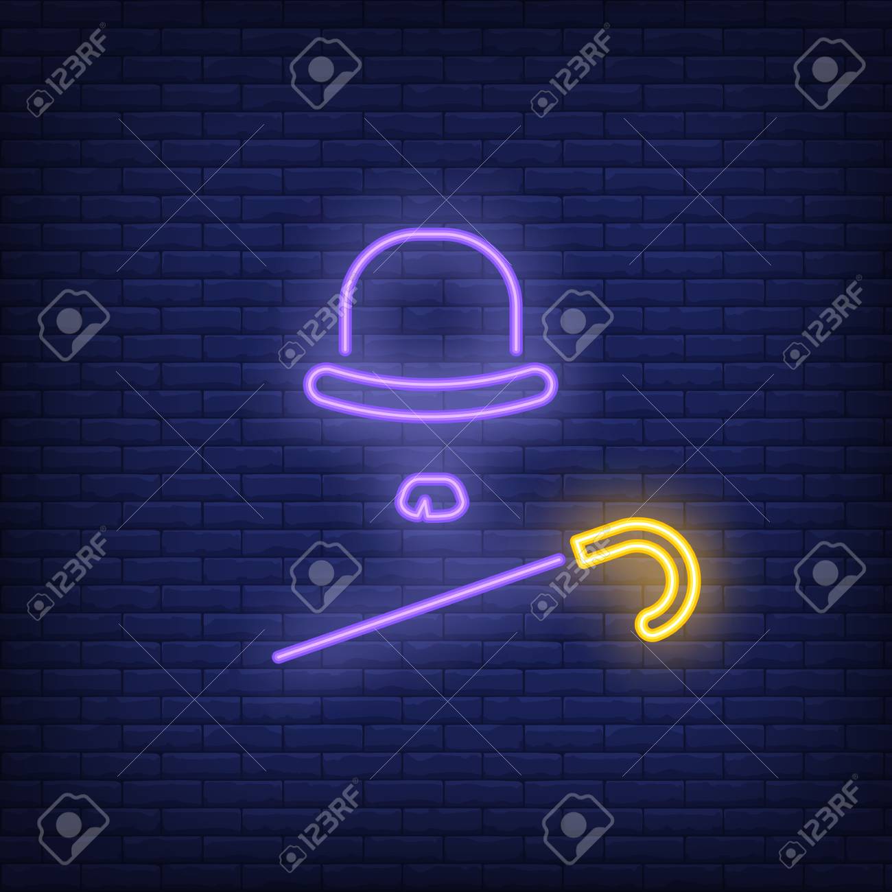 Comedian Outfit Neon Icon Hat Moustache And Cane On Brick Wall