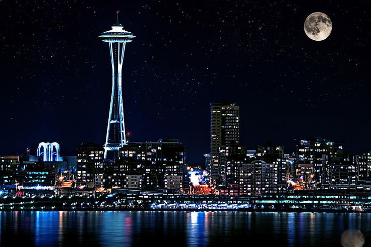 Seattle Skyline At Night With Full Moon