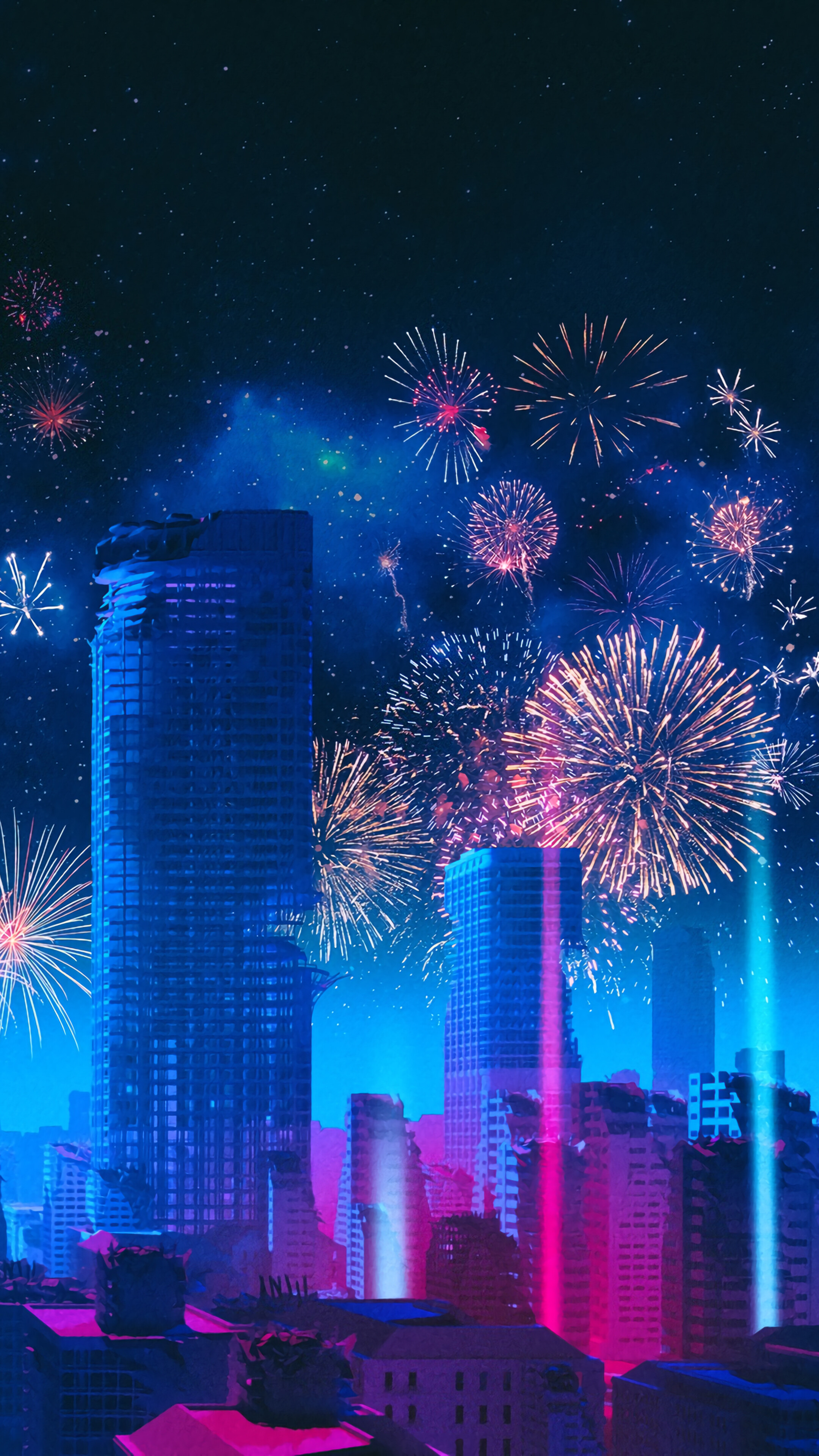 City Fireworks Buildings Scenery Digital Art 4k Phone