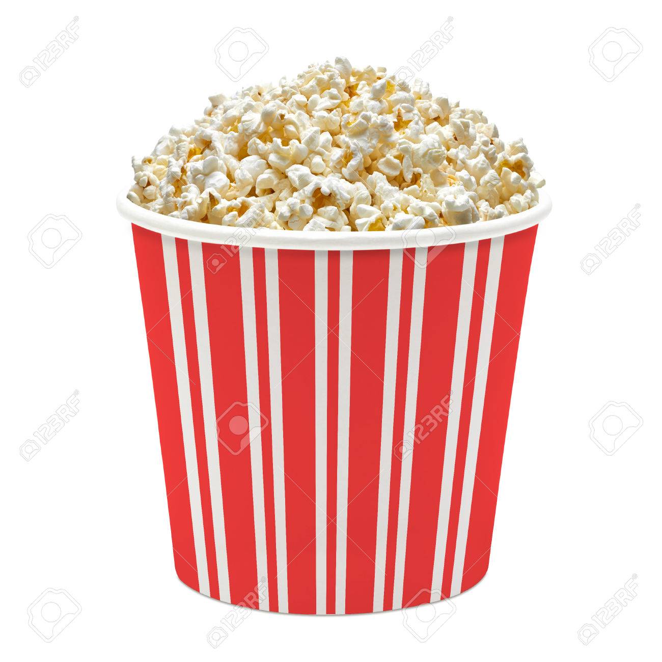 In Striped Popcorn Bucket On A White Background Stock Photo