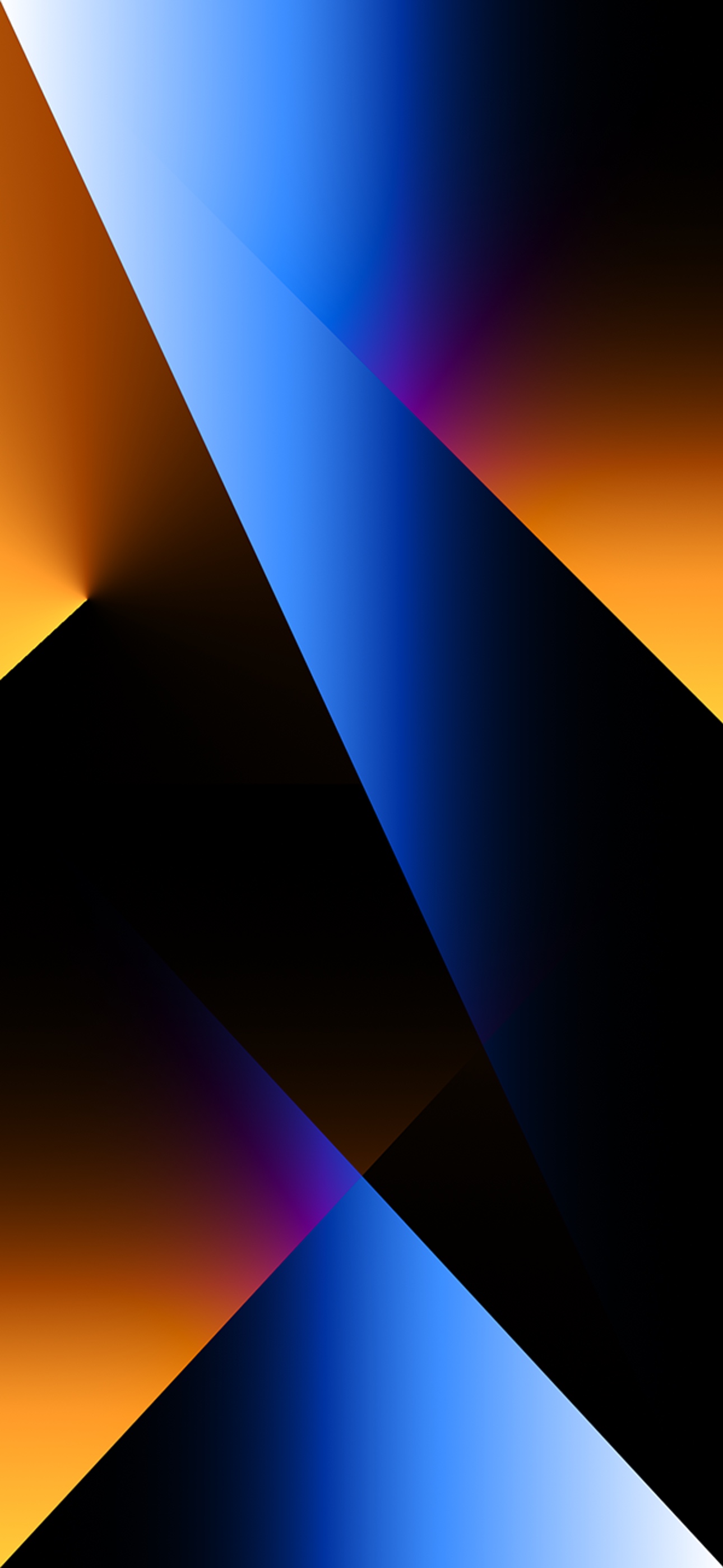 Abstract iPhone 14 Pro Max wallpaper with intersecting blue, orange, and black triangles and gradients