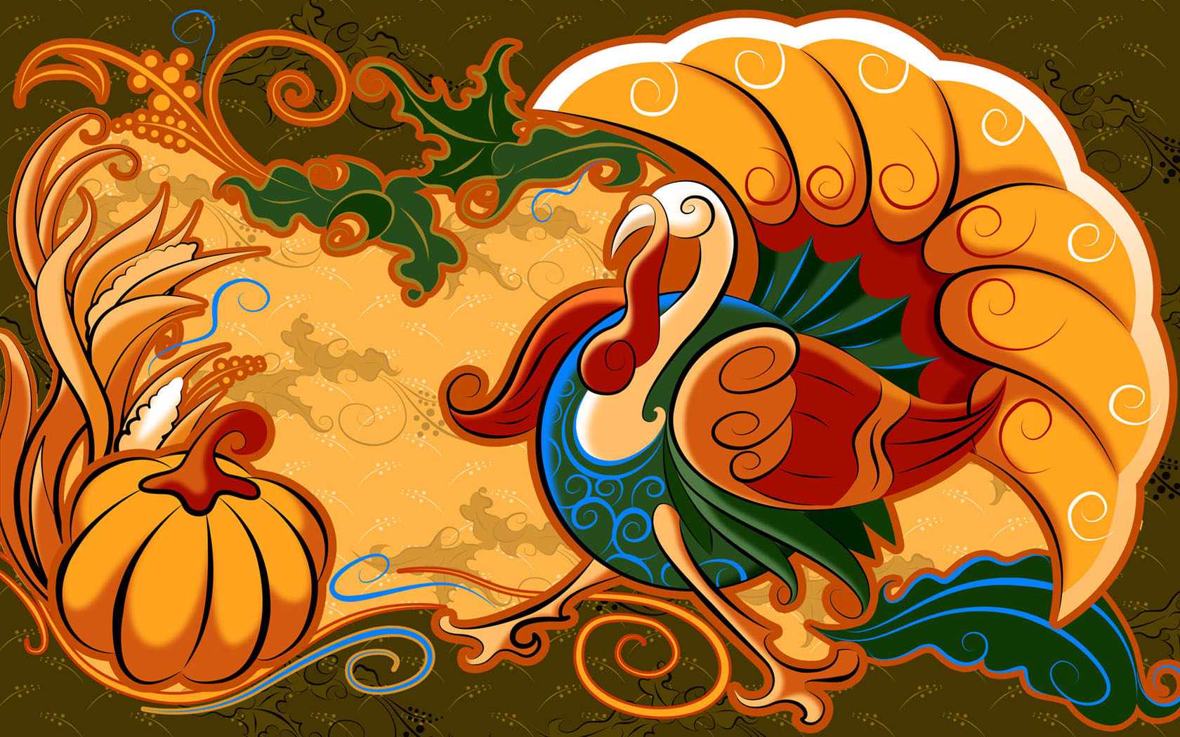 Stylized illustration of a turkey and pumpkin for Thanksgiving