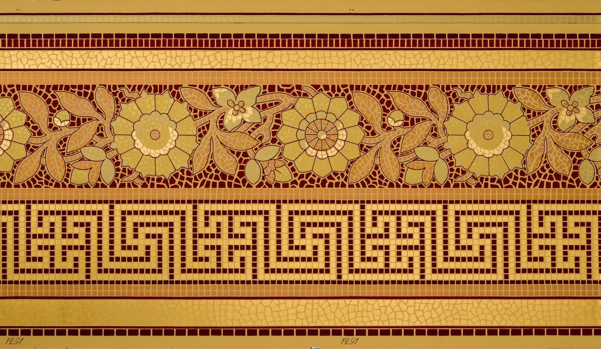 Greek Key And Floral Gilt Mosaic Border Antique Wallpaper