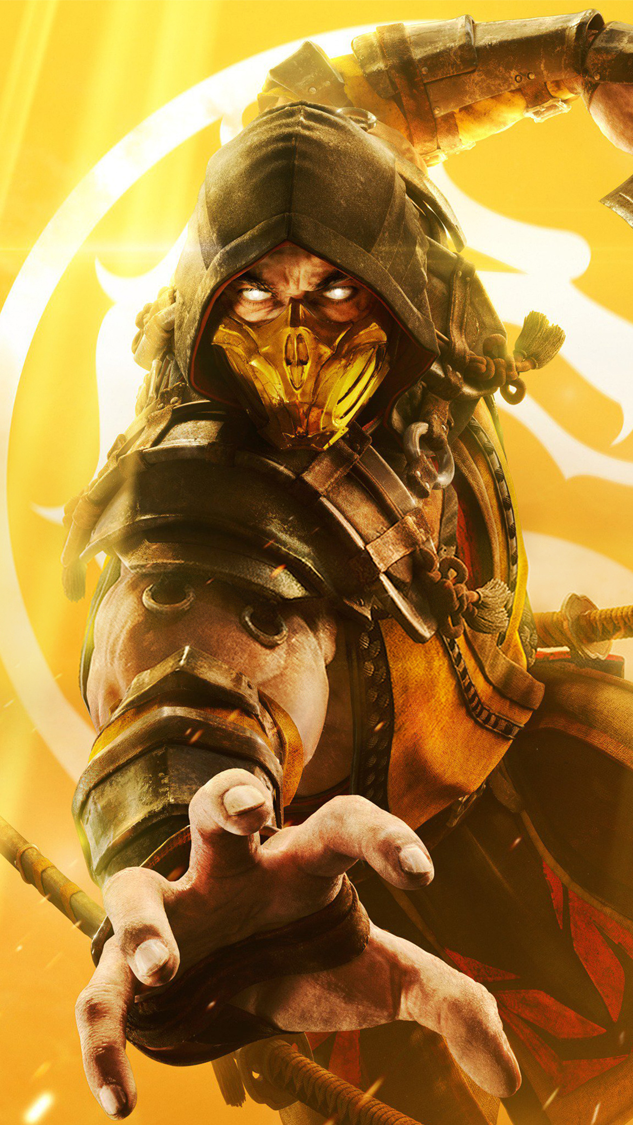 Mortal Kombat character, Scorpion, in dynamic action pose against a fiery yellow backdrop