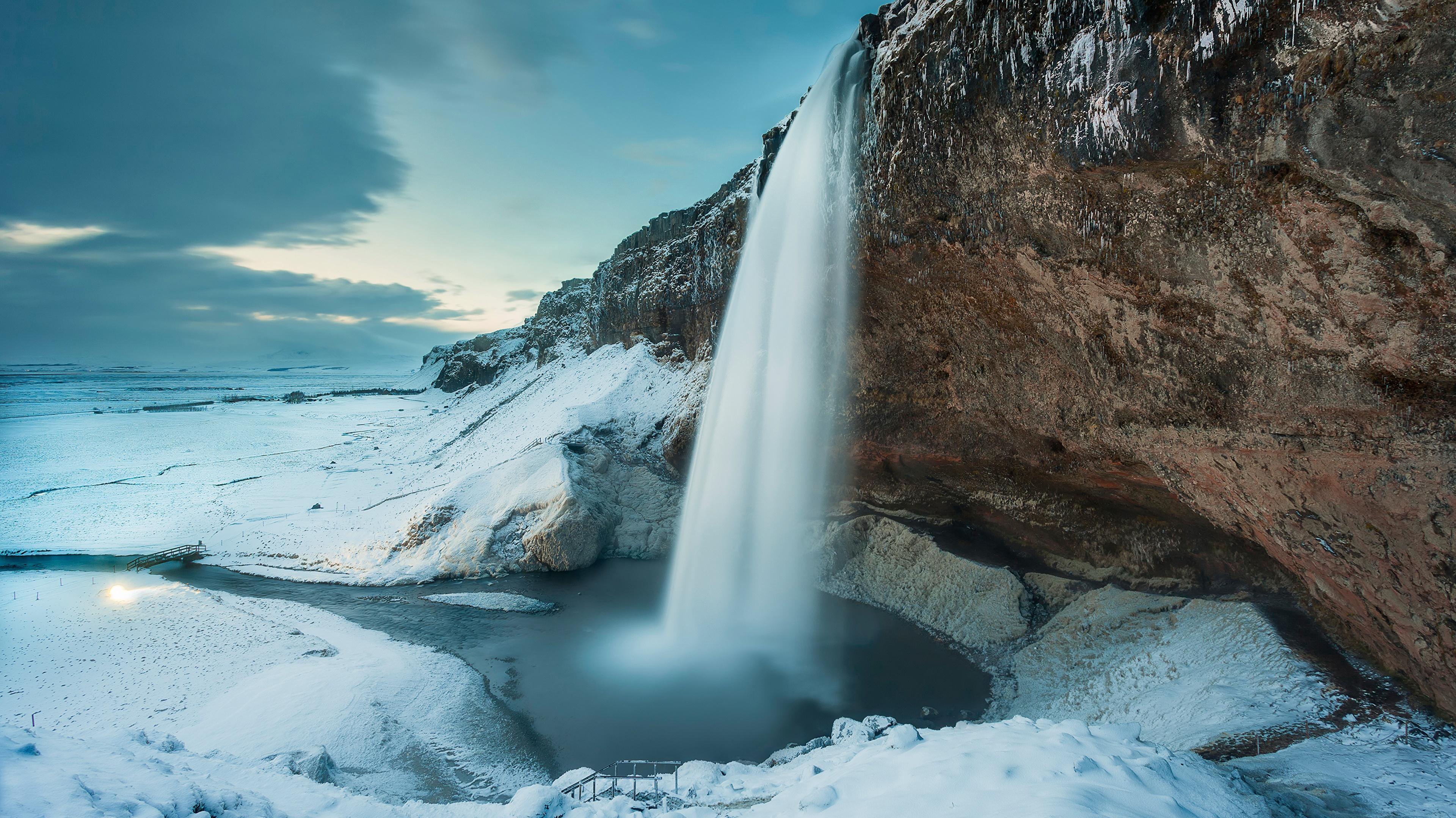 Wallpaper Iceland Cliff Winter Nature Waterfalls Snow