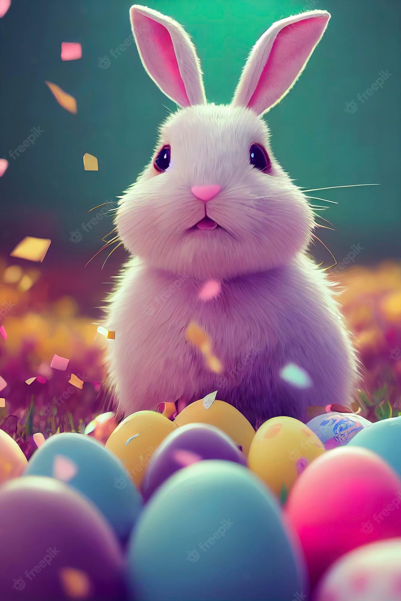 Premium Photo Cute Withe Bunny With Easter Eggs Holiday
