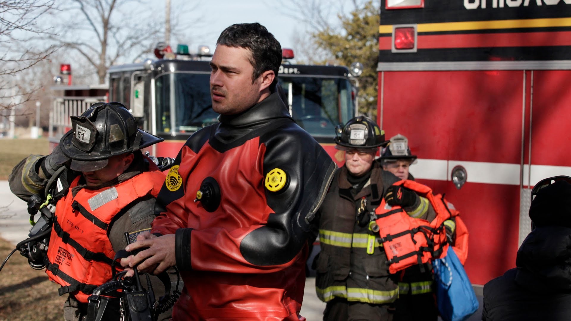 Firefighters from the Chicago Fire Department prepare for a water rescue