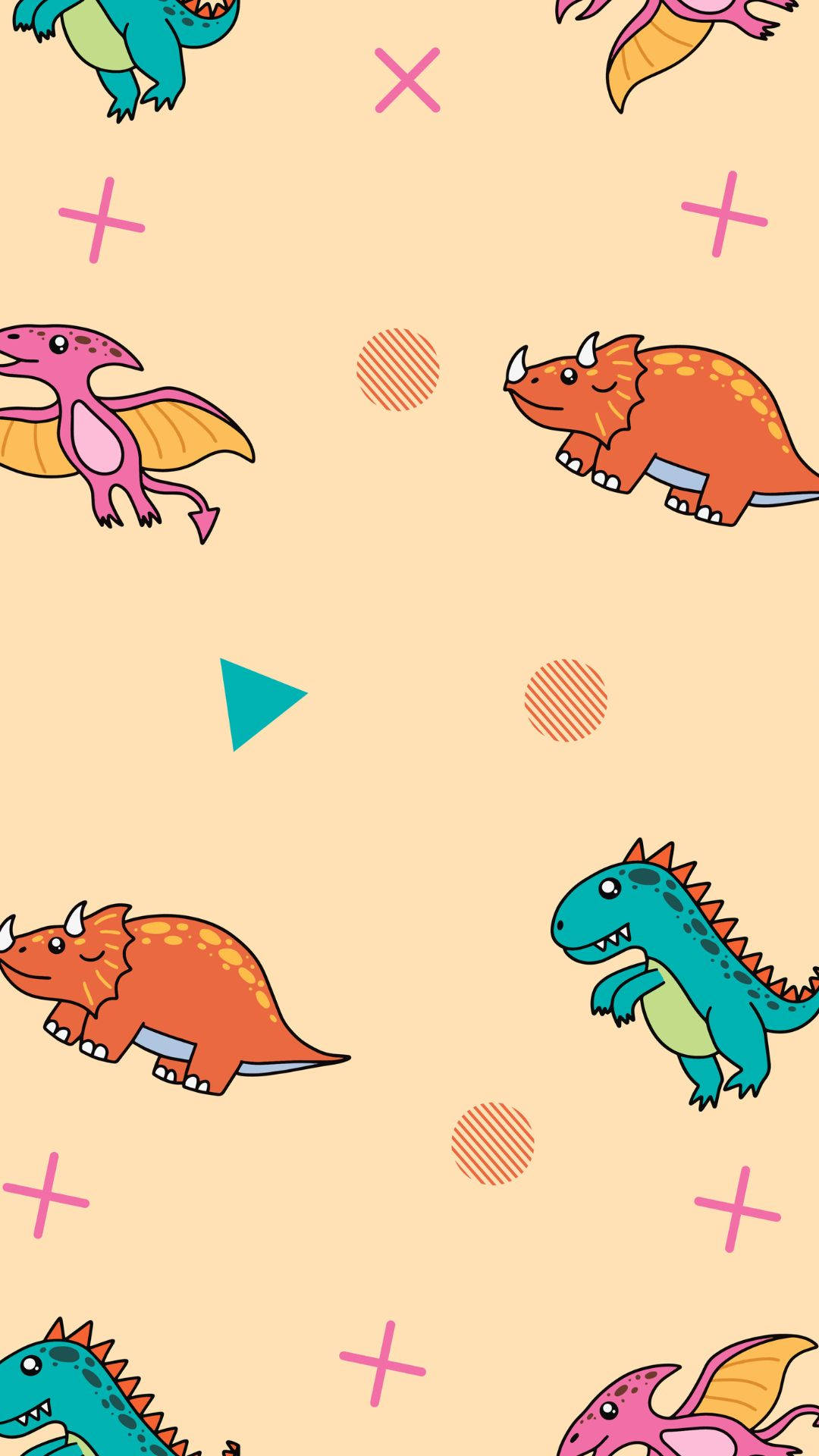 A seamless pattern of cute cartoon dinosaurs on a light orange background, featuring a Triceratops, Pterodactyl, Stegosaurus, and T-Rex, interspersed with plus signs and textured circles