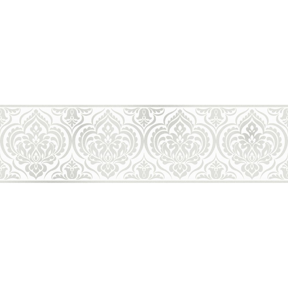 Ornamental Damask Glitter Wallpaper Border White Silver Dlb50137