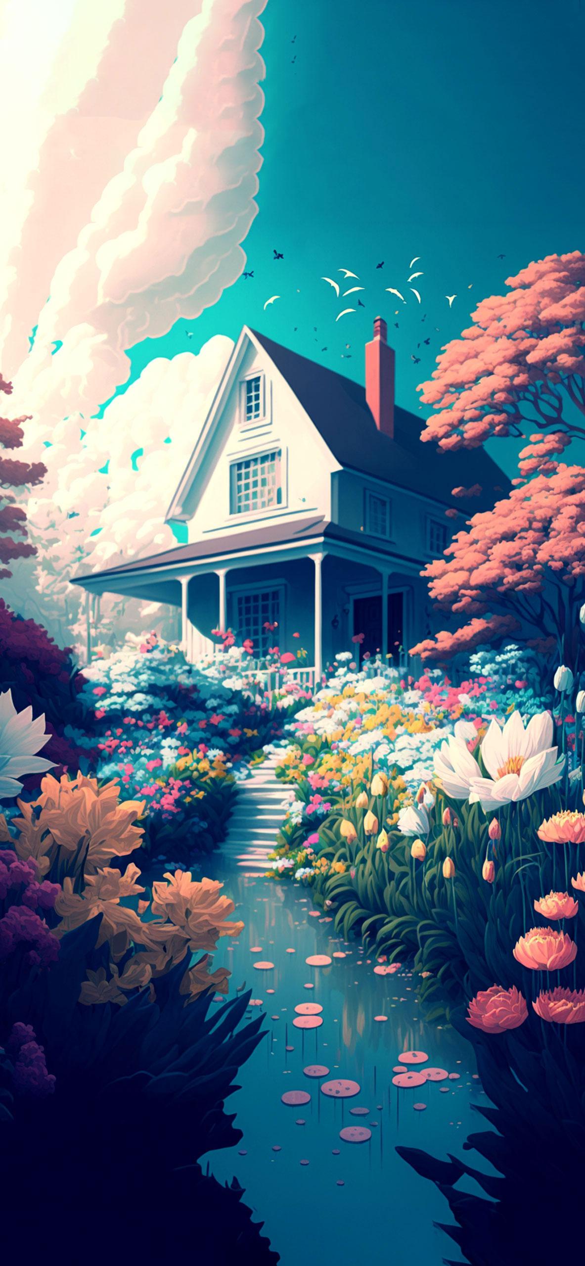 Spring Flowers Garden House Wallpaper
