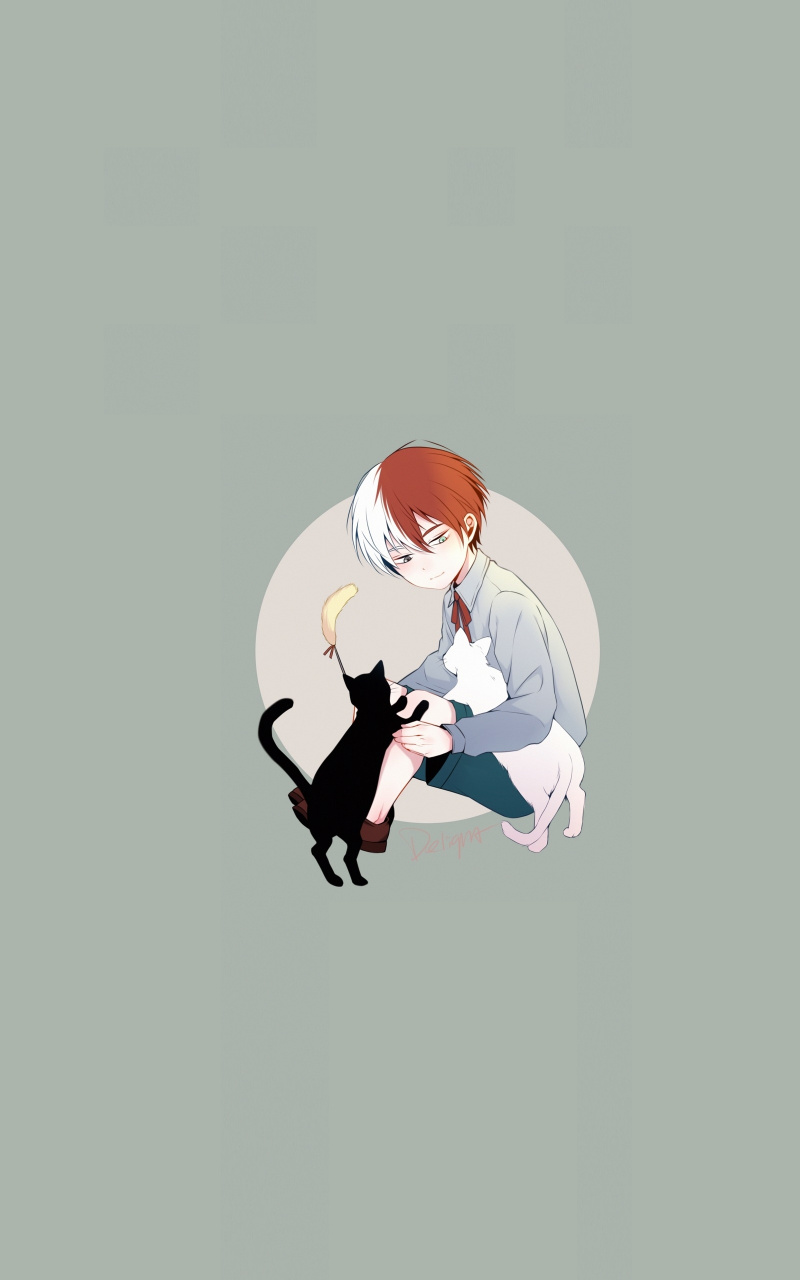 Cute Kid Shouto Todoroki And Kittens Art Wallpaper