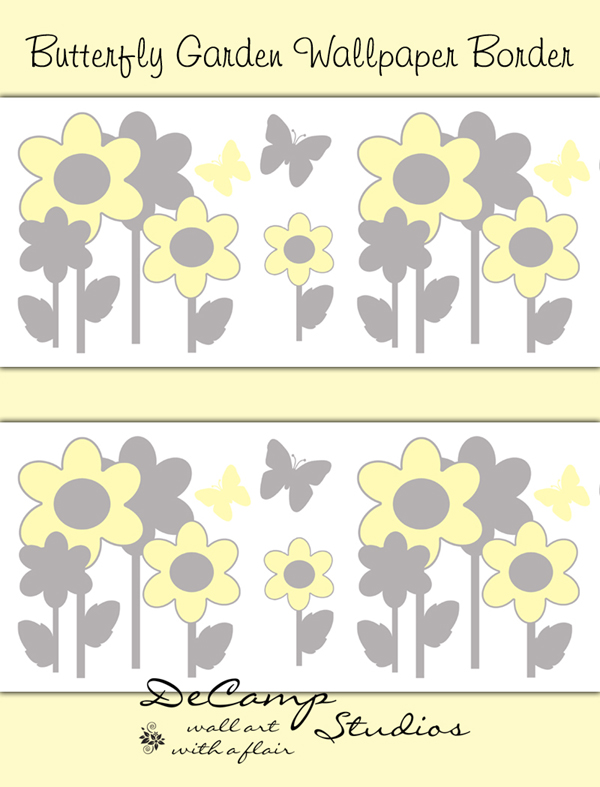 Yellow Grey Butterfly Garden Floral Wallpaper Border Wall Decals [474