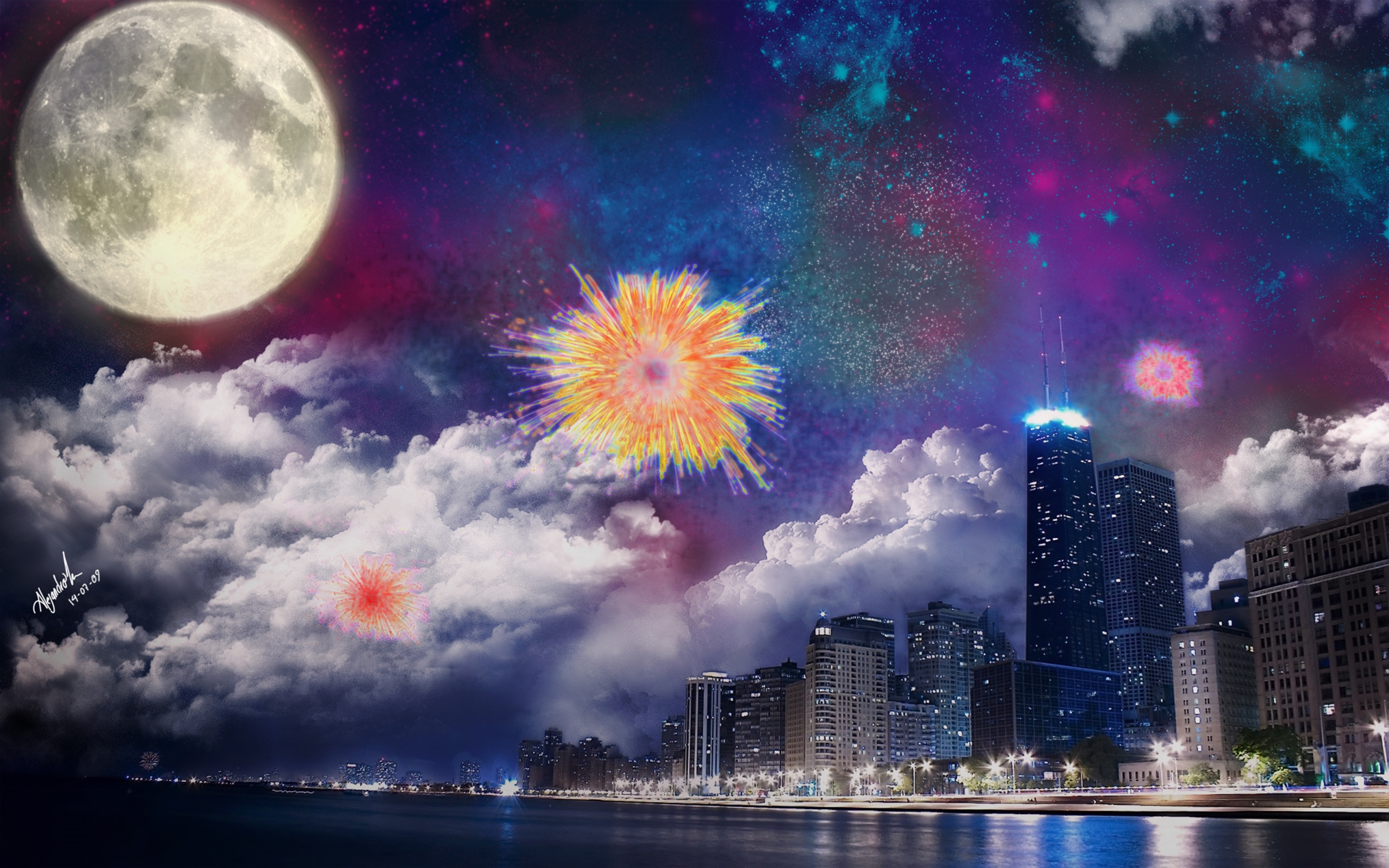 Night City Fantasy Art Fireworks Desktop Wallpaper
