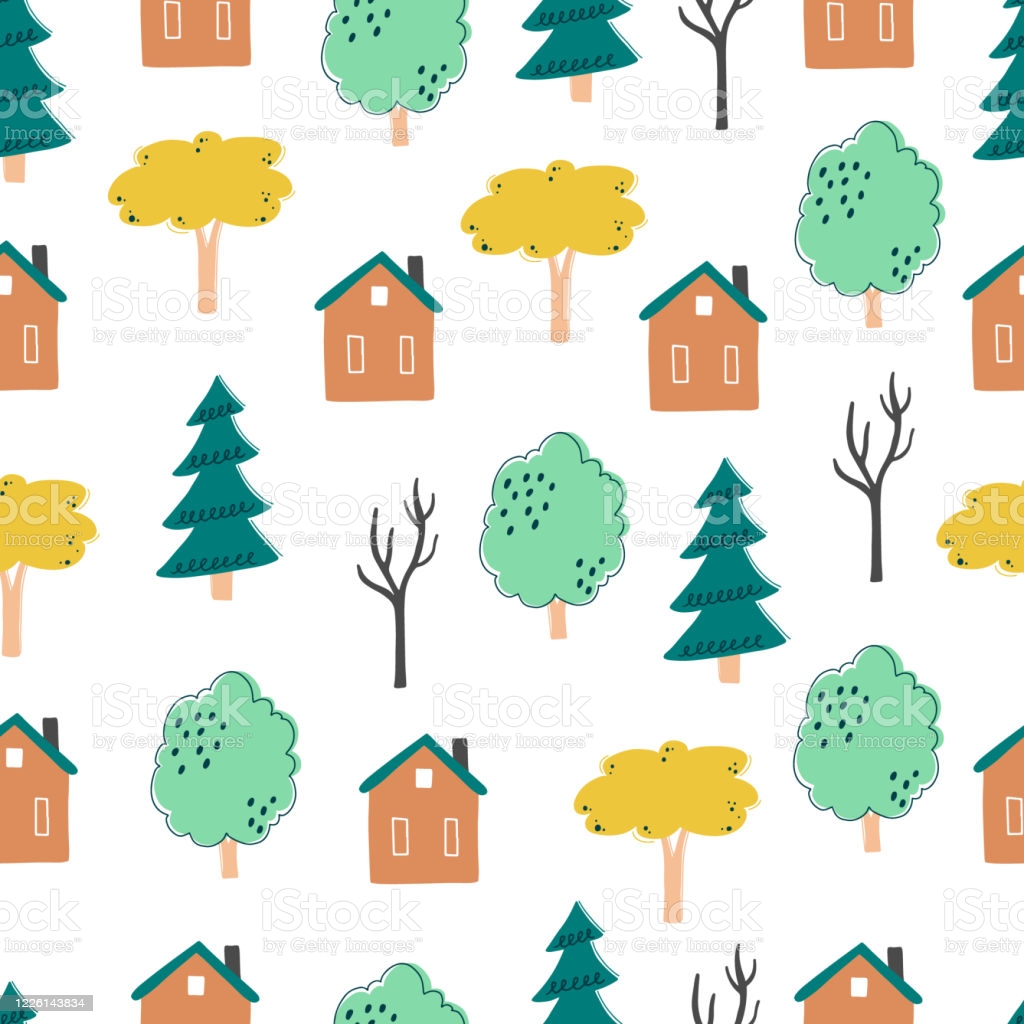 Seamless Pattern Of Childish Cartoon Town For Fabric Wallpaper