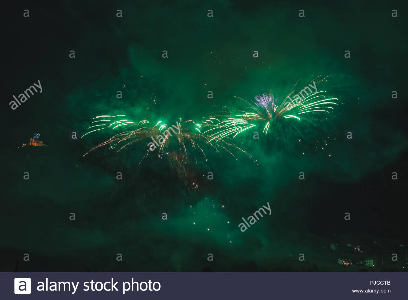 Awesome Couple Of Green Fireworks On The Feast Patron Saint