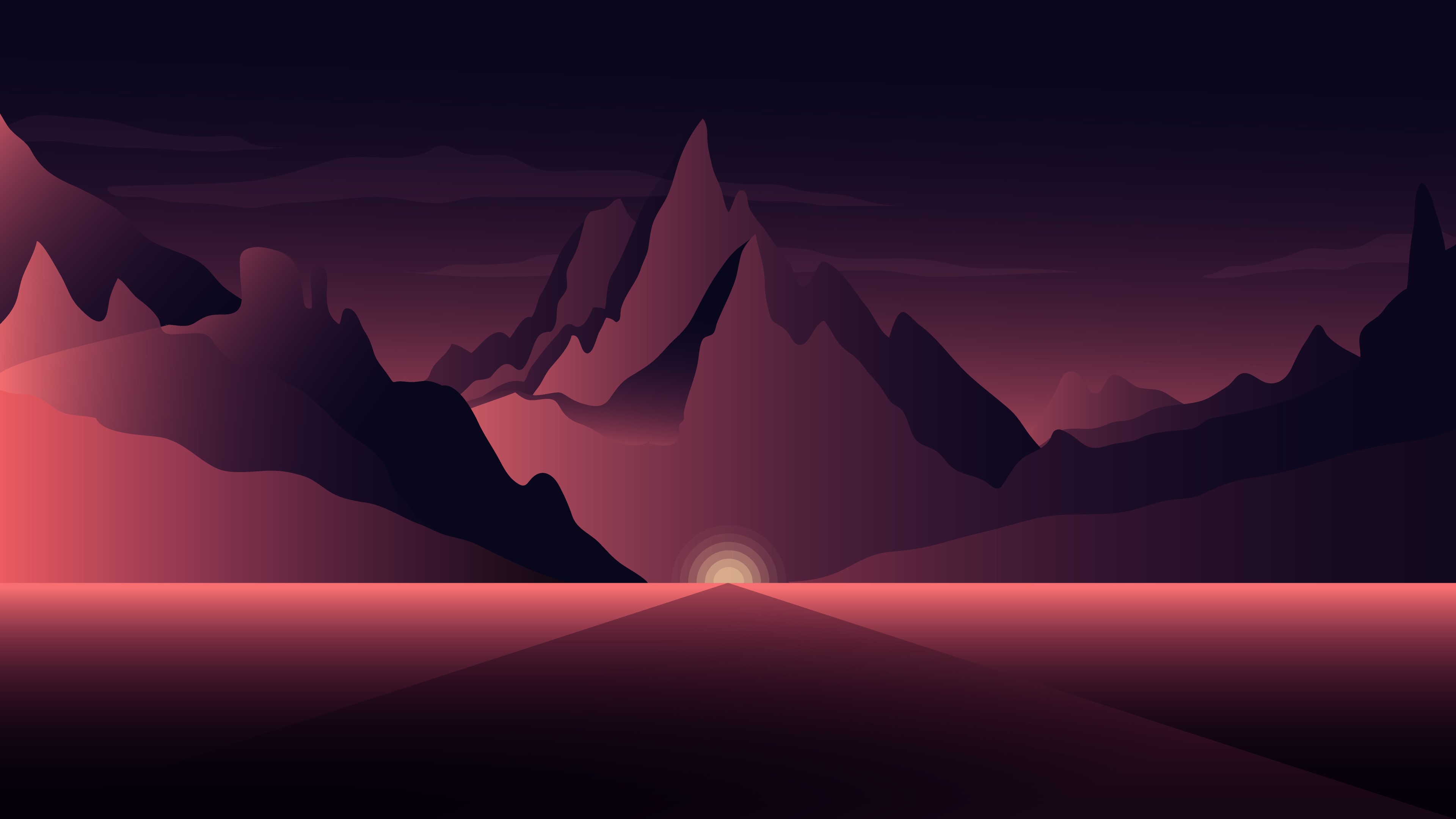 Minimalist depiction of a mountain range at sunset, with a path leading towards the glowing horizon
