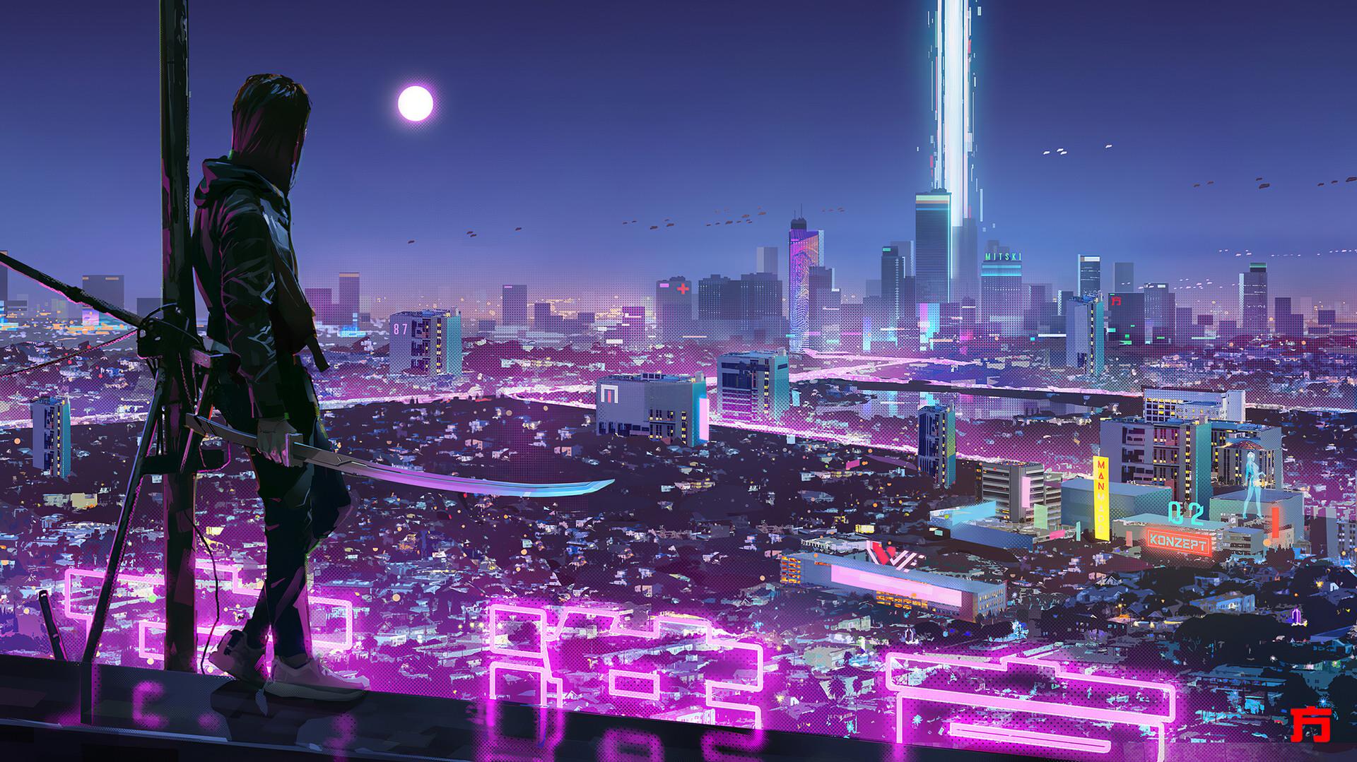 Sci Fi City Neon Lights Ninja Katana 4k Wallpaper