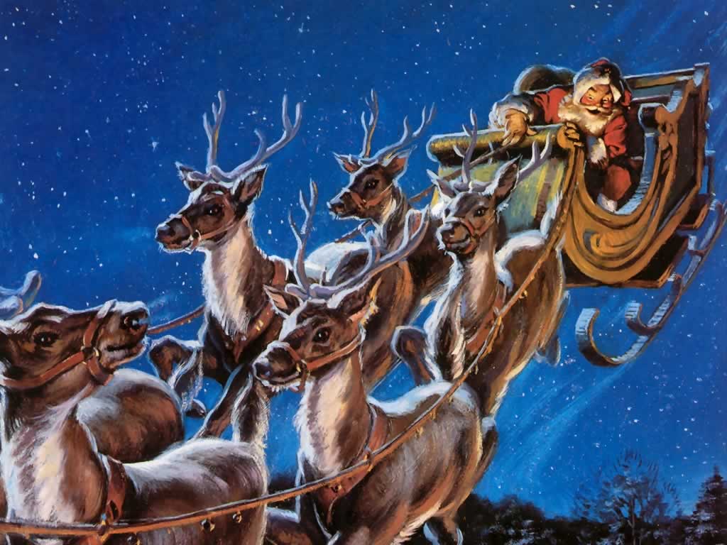 Santa Claus flying his sleigh with reindeer through a starry night sky