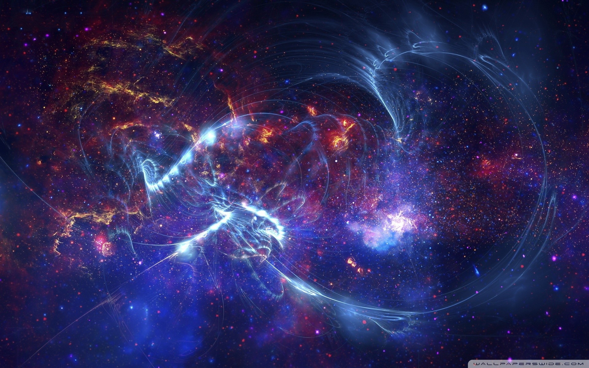 A breathtaking image of a spiral galaxy with vibrant blue and purple nebulae, swirling dust clouds, and countless stars