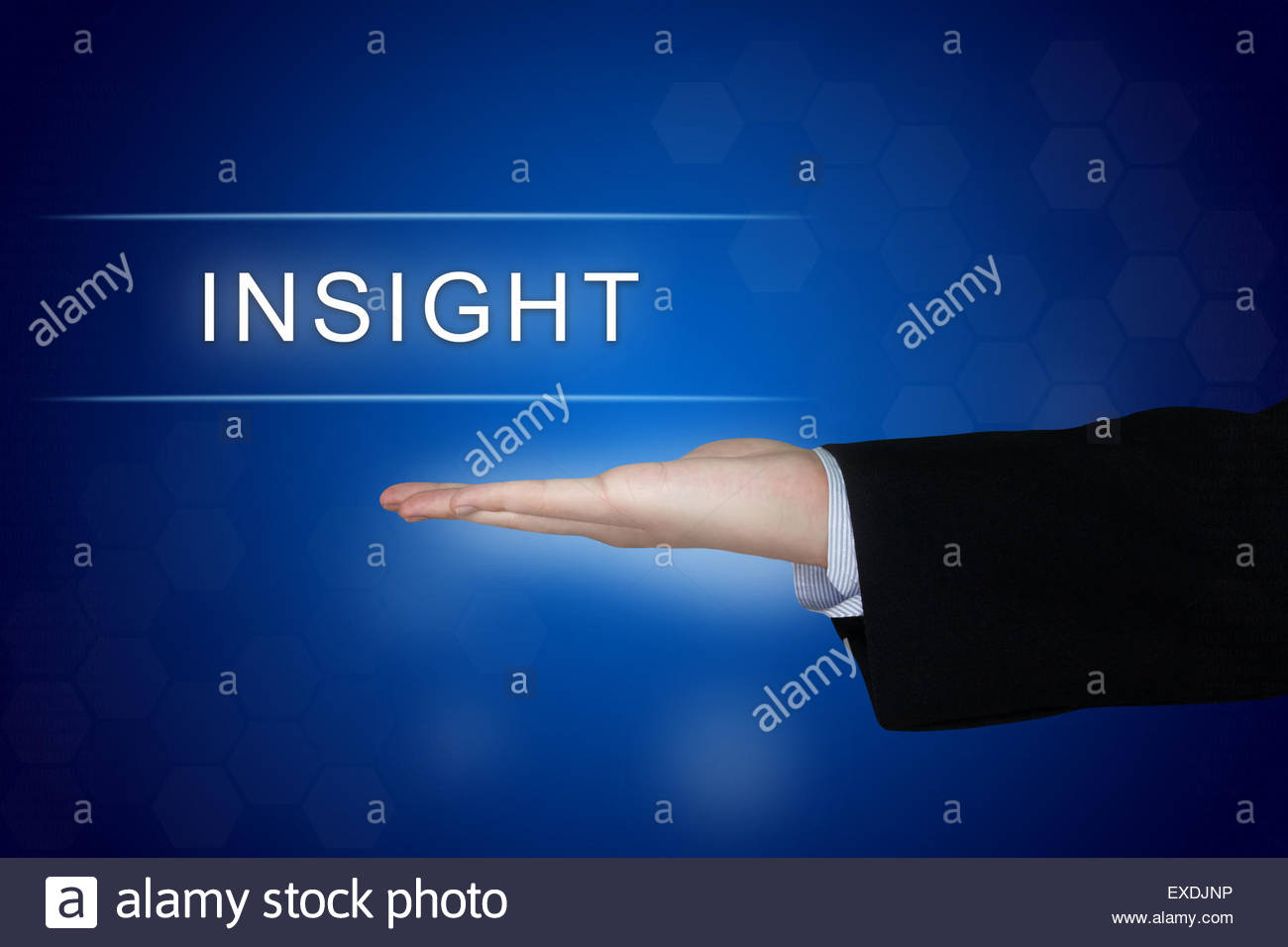 Insight Button With Business Hand On Blue Background Stock Photo