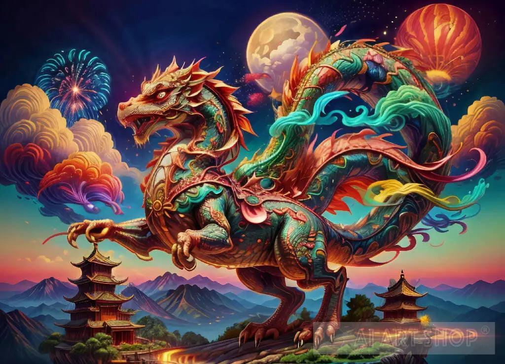 Chinese Dragon Colorful Village Landscape Artwork