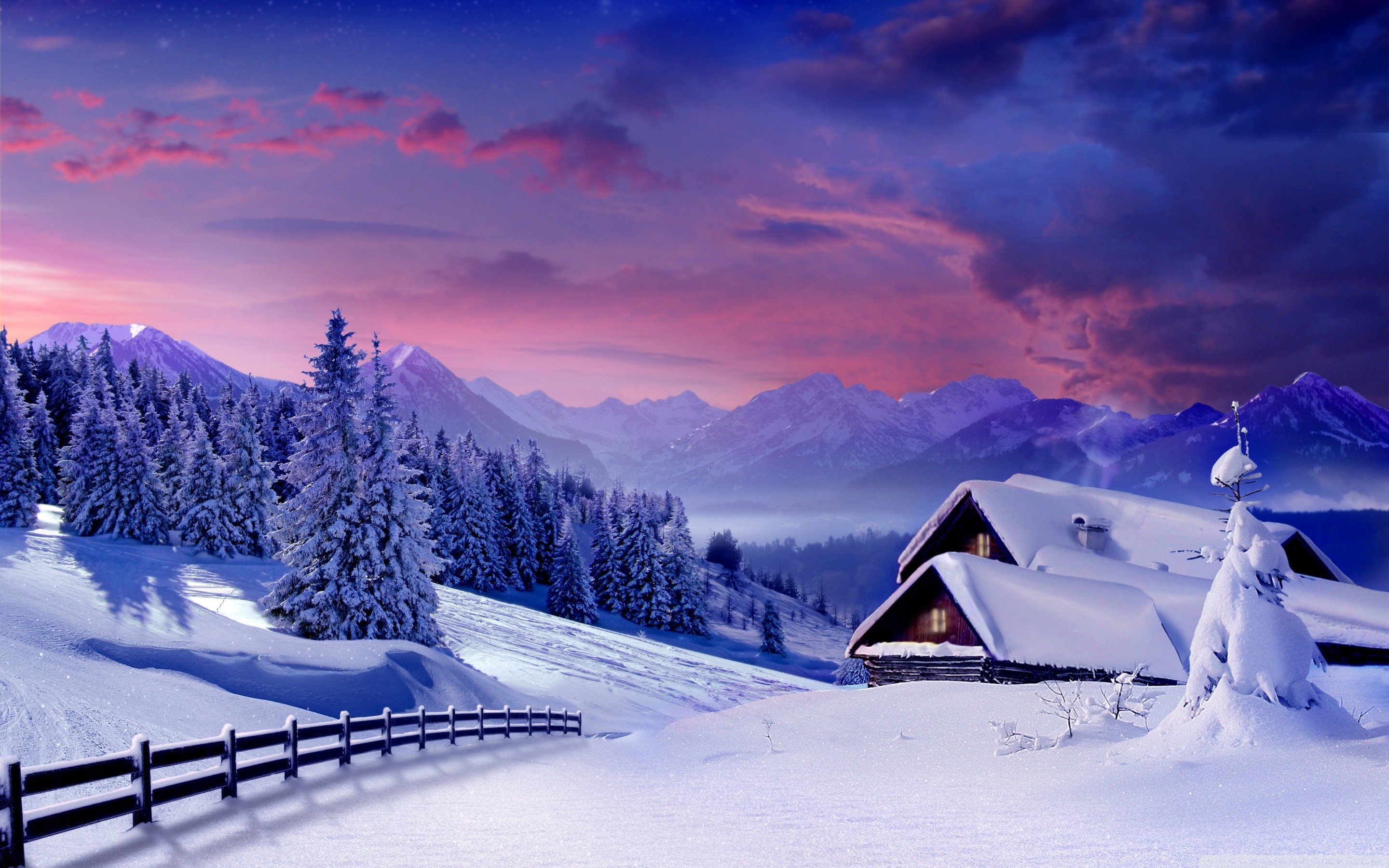 A cozy cabin nestled in a snow-covered mountain valley at sunset. Winter wonderland scene