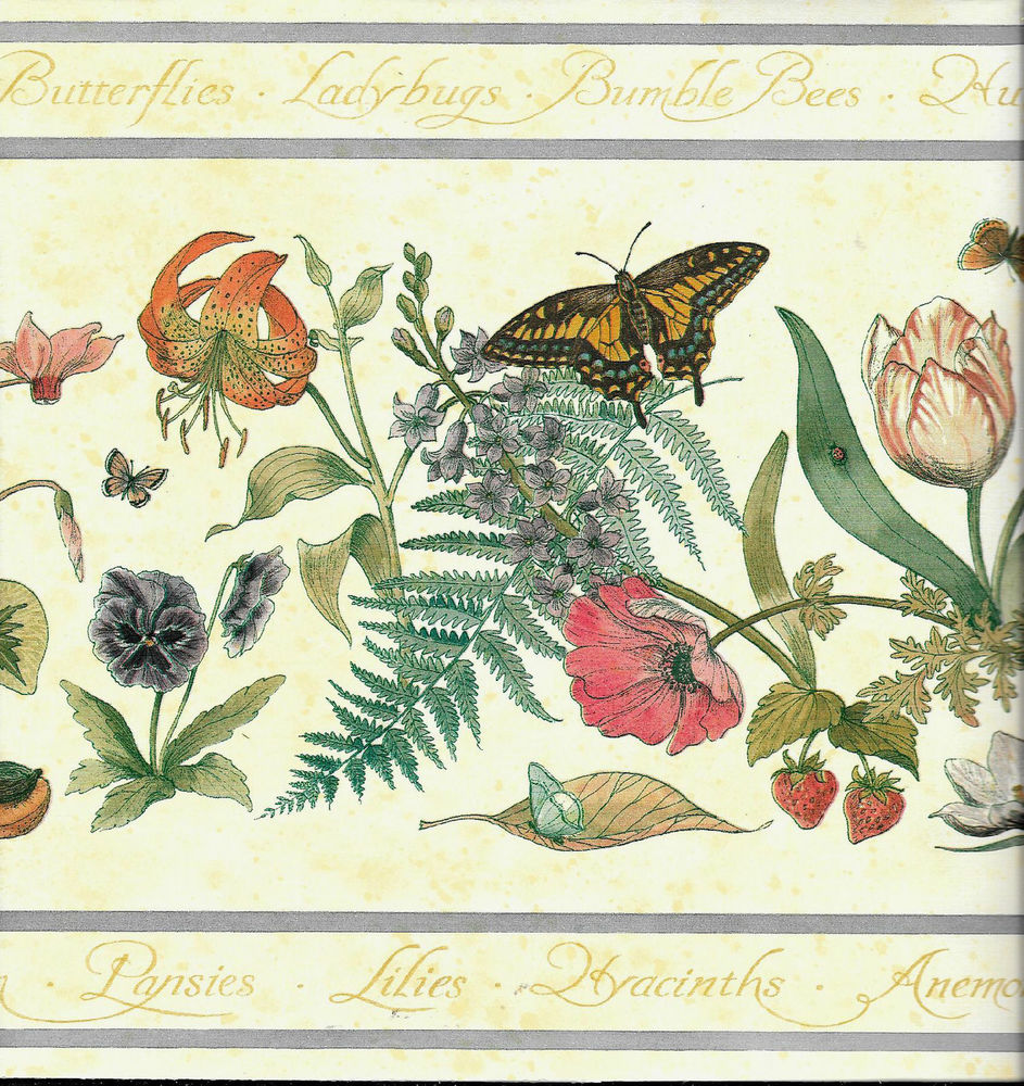 Garden Bugs And Flowers On Pale Yellow Wallpaper Border
