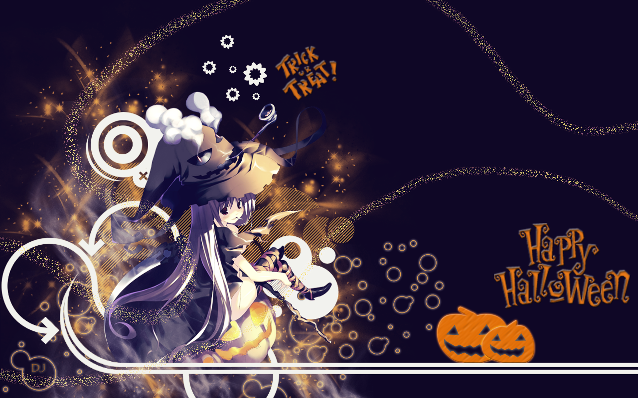 Download Wallpaper 1920x1080 halloween anime, girl, blond, hat, pumpkin,  smile Full HD 1080p HD Background