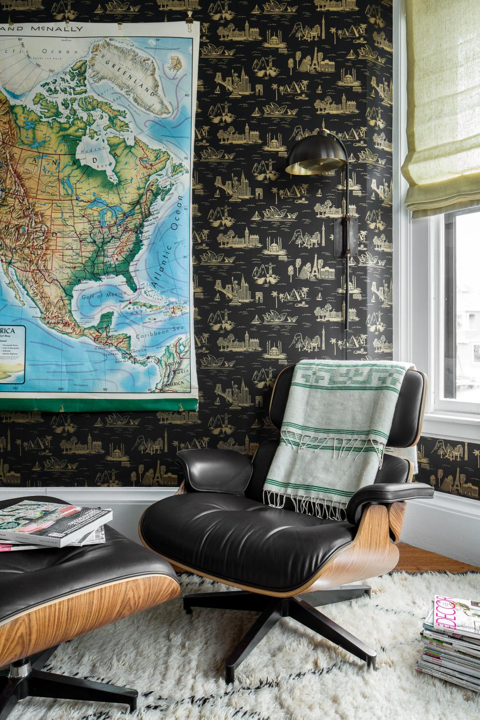Eclectic Home Office Features A Black Patterned Wallpaper And
