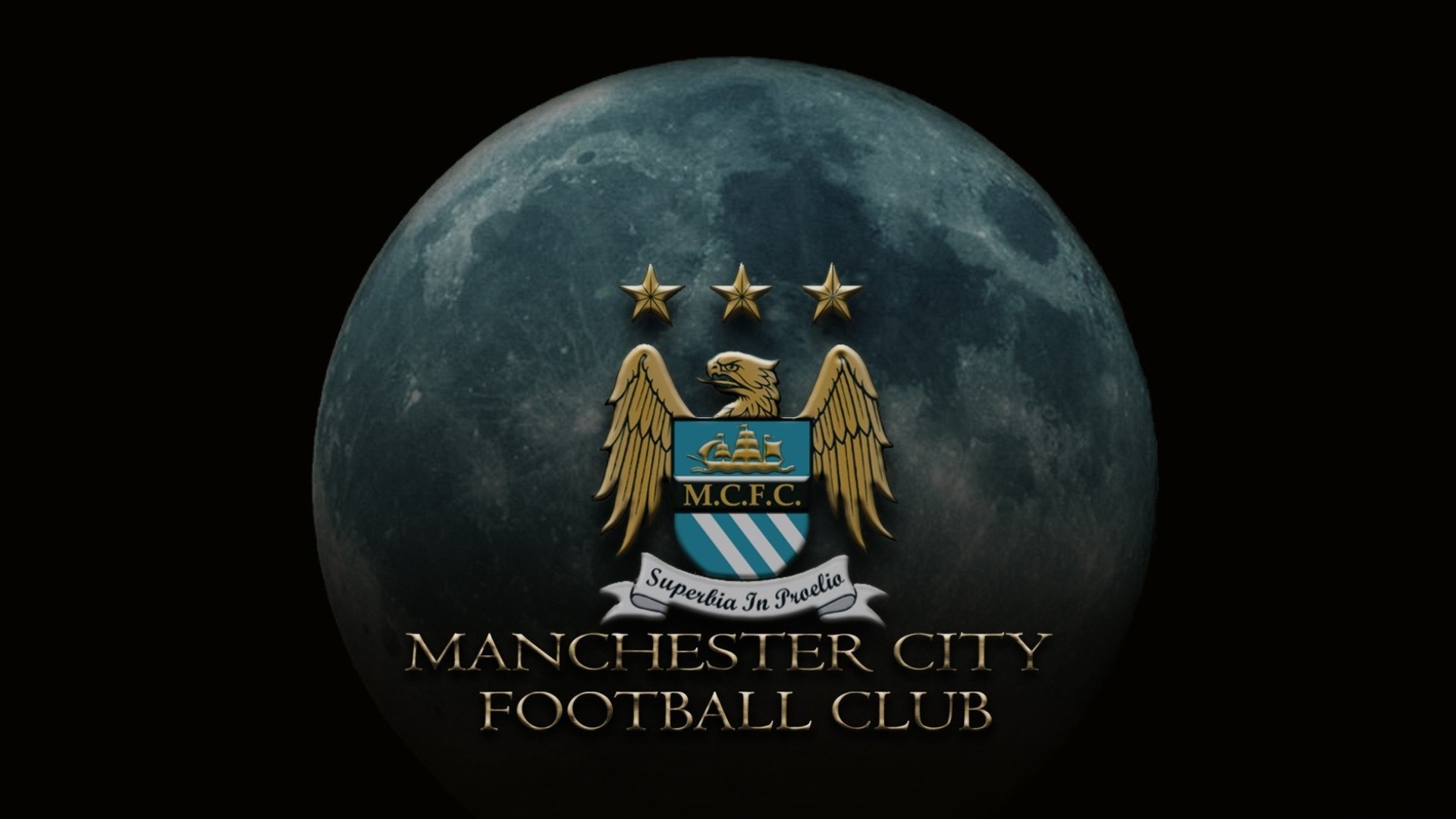 Manchester City Football Club logo superimposed on a dark, textured image of the moon, evoking a sense of grandeur and ambition