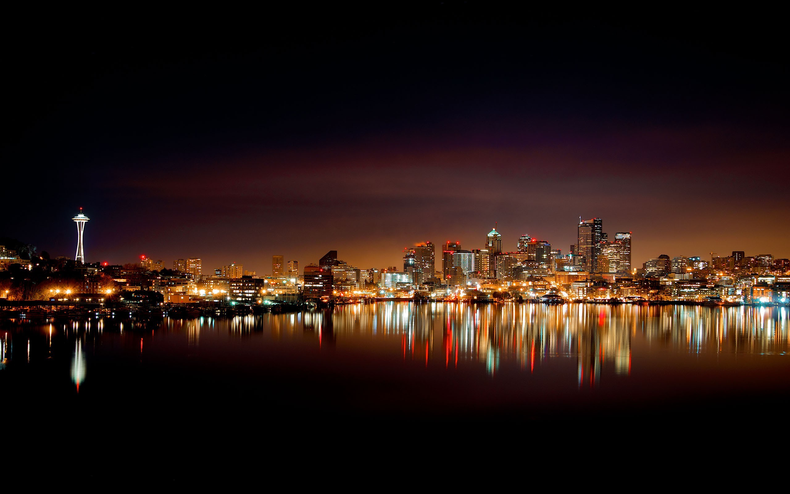 Lake Reflection Night Cityscape Seattle Wallpaper HD