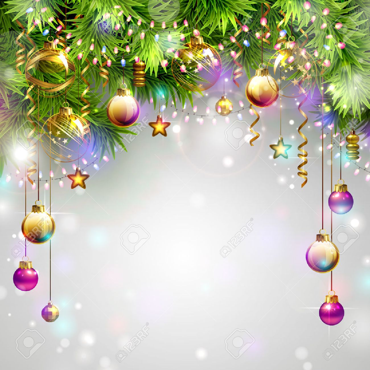 Christmas Backgrounds With Evening Balls Garlands And Fir trees