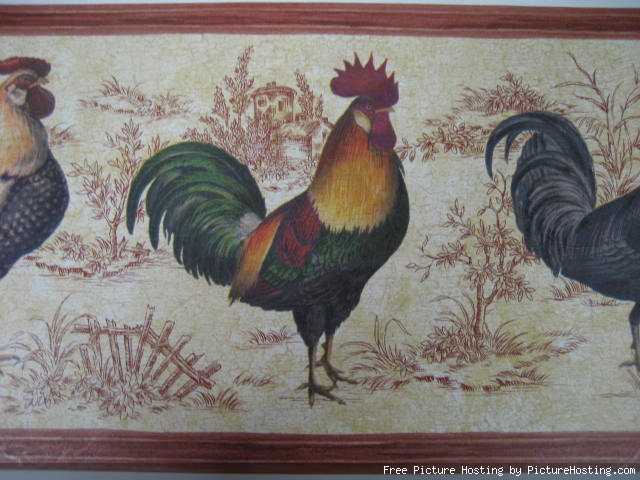 Details about Rooster Toile Country Burgundy Beige Wall Border NEW