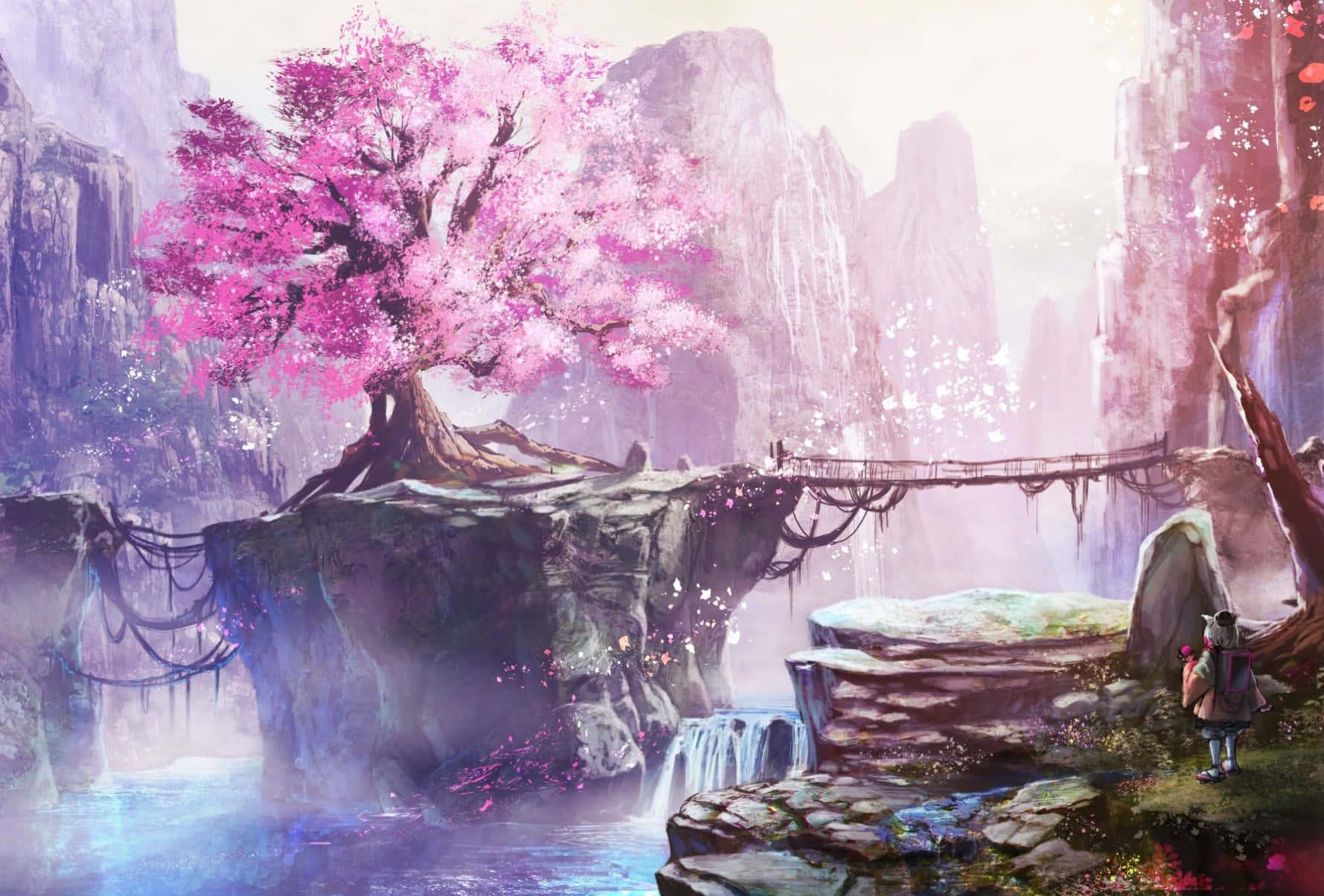 Waterfall With Sakura Anime Tree Scenery Digital Painting