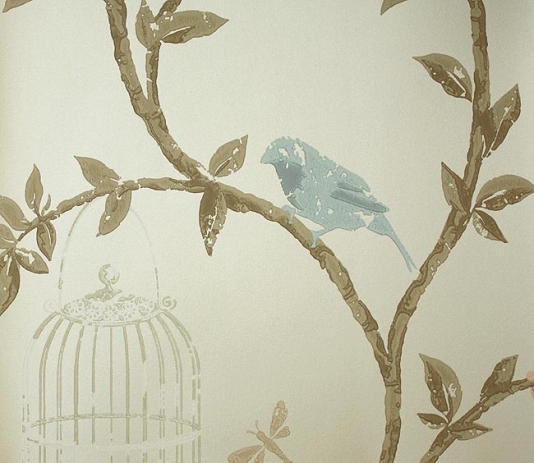 Wallpaper Trailing Branches With Birds In Pale Blue And White Cages