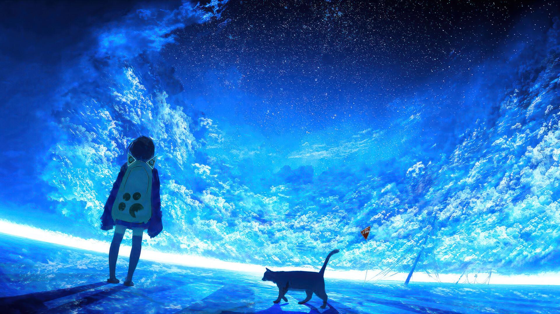 Anime Girl Cat Night Stars Sky Clouds 4k Wallpaper iPhone HD Phone