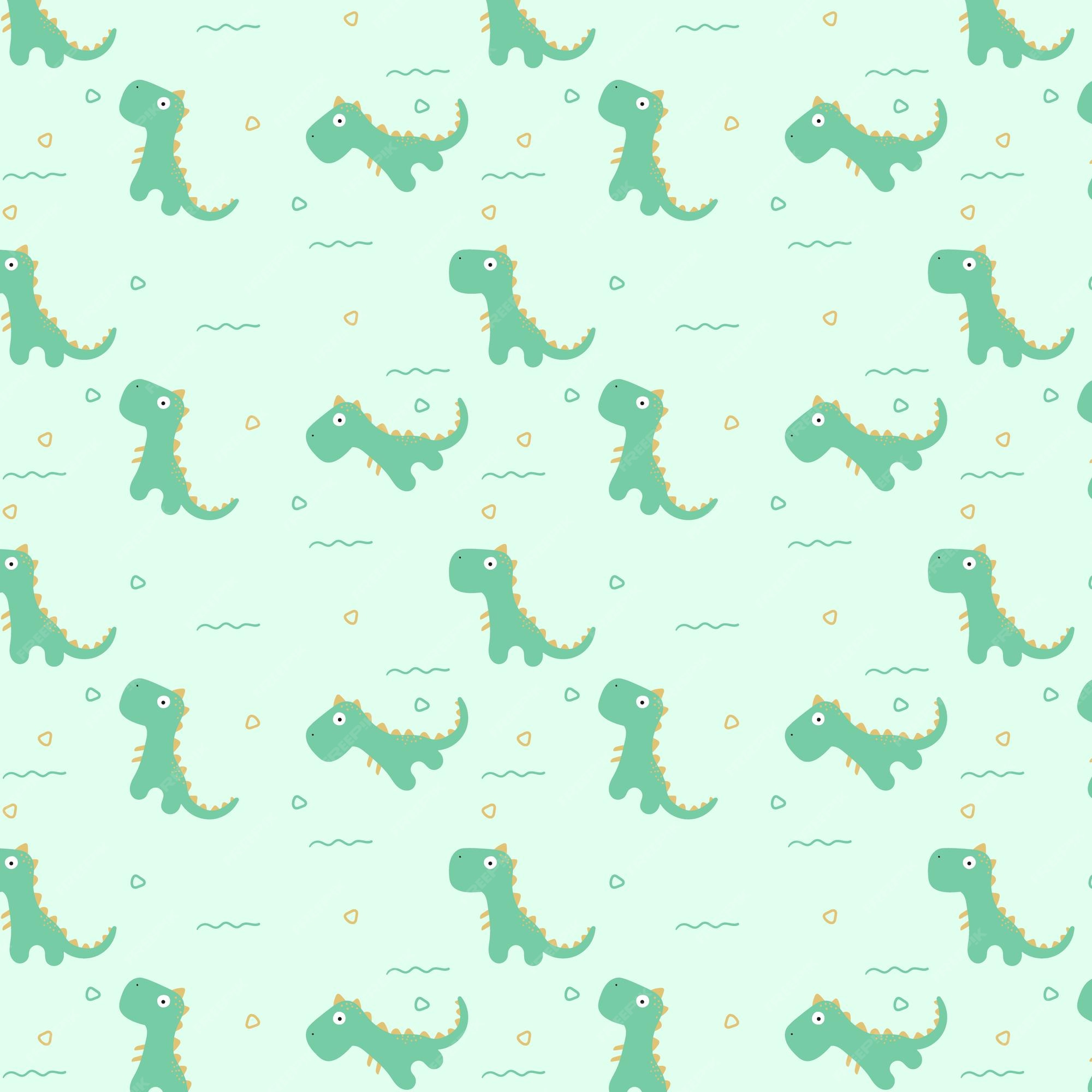 A seamless pattern of cute, cartoon dinosaurs on a light green background. Perfect for a child's room or any dinosaur-themed project