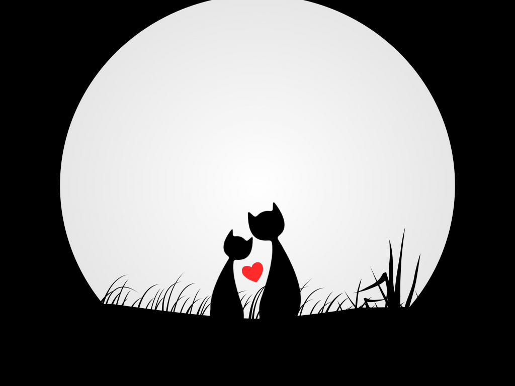 Couple Cats Love Silhouettes Moon Digital Art Minimal