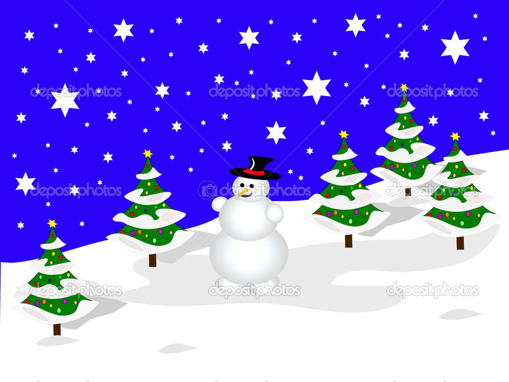 Sky Blue Christmas Scene With A Snowman On Snowy Background Html