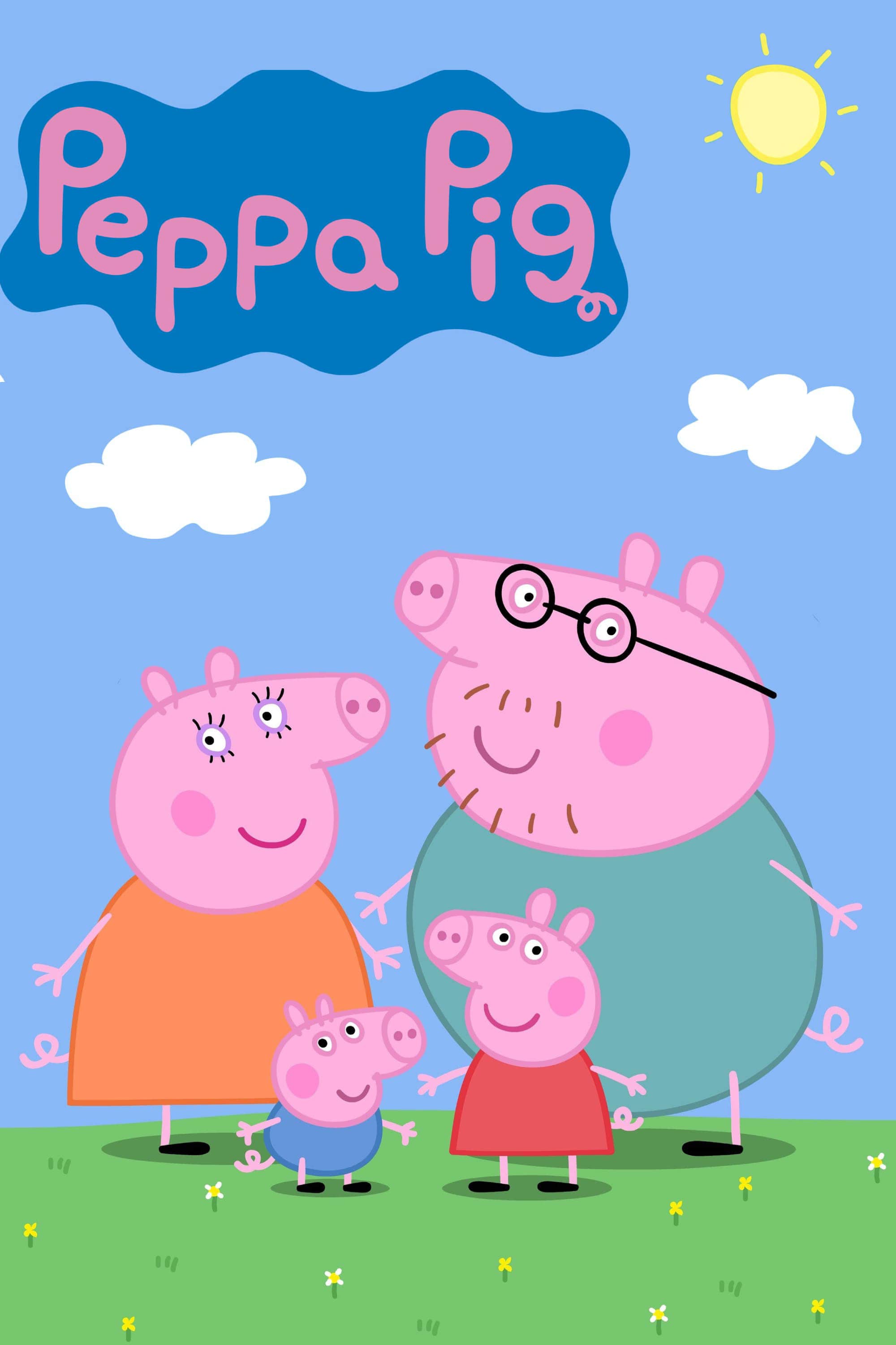 Peppa Pig family standing on grass in front of a blue sky, featuring Peppa, George, Mummy Pig, and Daddy Pig