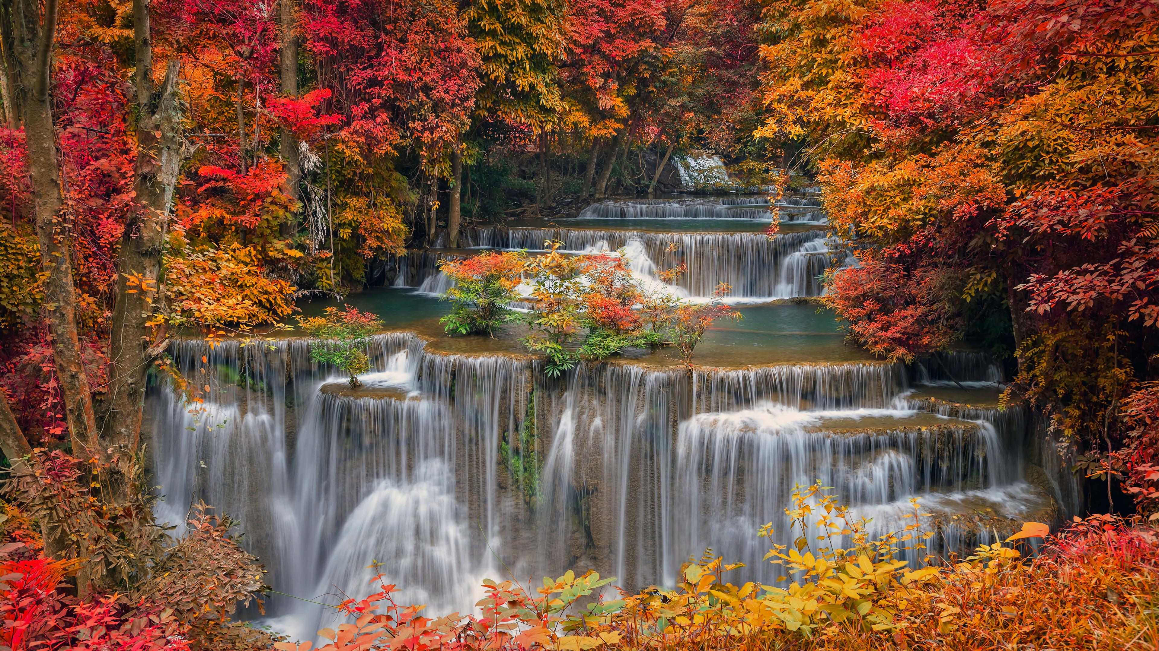 Waterfall Autumn Forest Nature Scenery Wallpaper iPhone Phone 4k