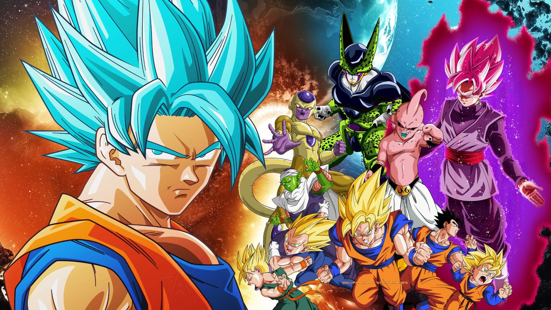 A collage of Dragon Ball characters in different Super Saiyan forms, showcasing Goku, Vegeta, Frieza, Cell, and Kid Buu, perfect for Dragon Ball Z fans