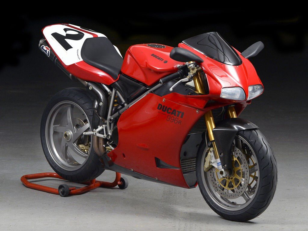 A Ducati 996R motorcycle in red and white racing livery